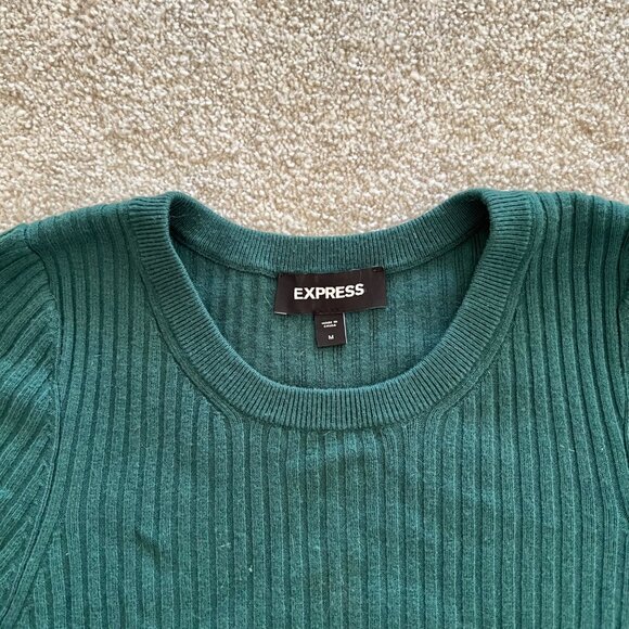 Express Emerald Green Round Neck Ribbed Stretch Long Sleeve Minimalist Top M - Picture 3 of 8